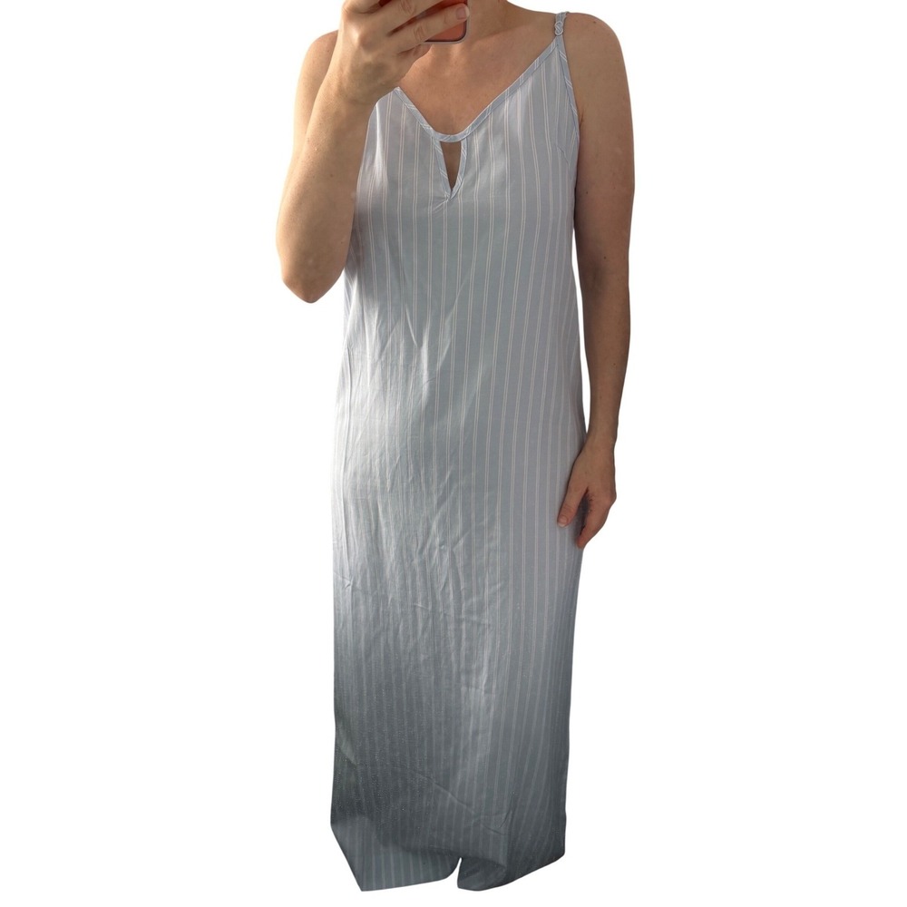 Onia V-Neck Maxi Dress Light Sky Blue Pinstripe Linen Blend XL Beach Minimalist